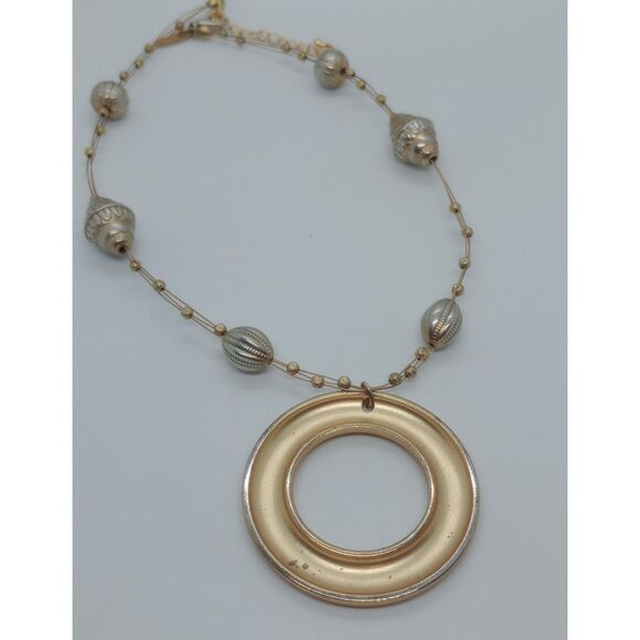 NY Gold Tone Floating Bead Circle Pendant 16-19" Multi Strand Wire Necklace - Picture 3 of 7